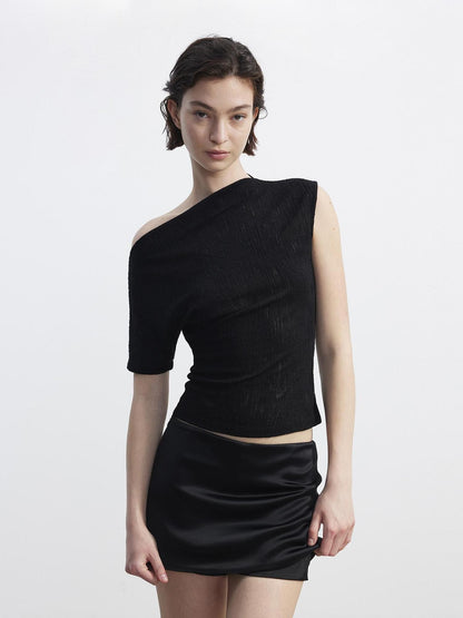 AFTADAWN Textured Sheer Asymmetrical One Shoulder Women&