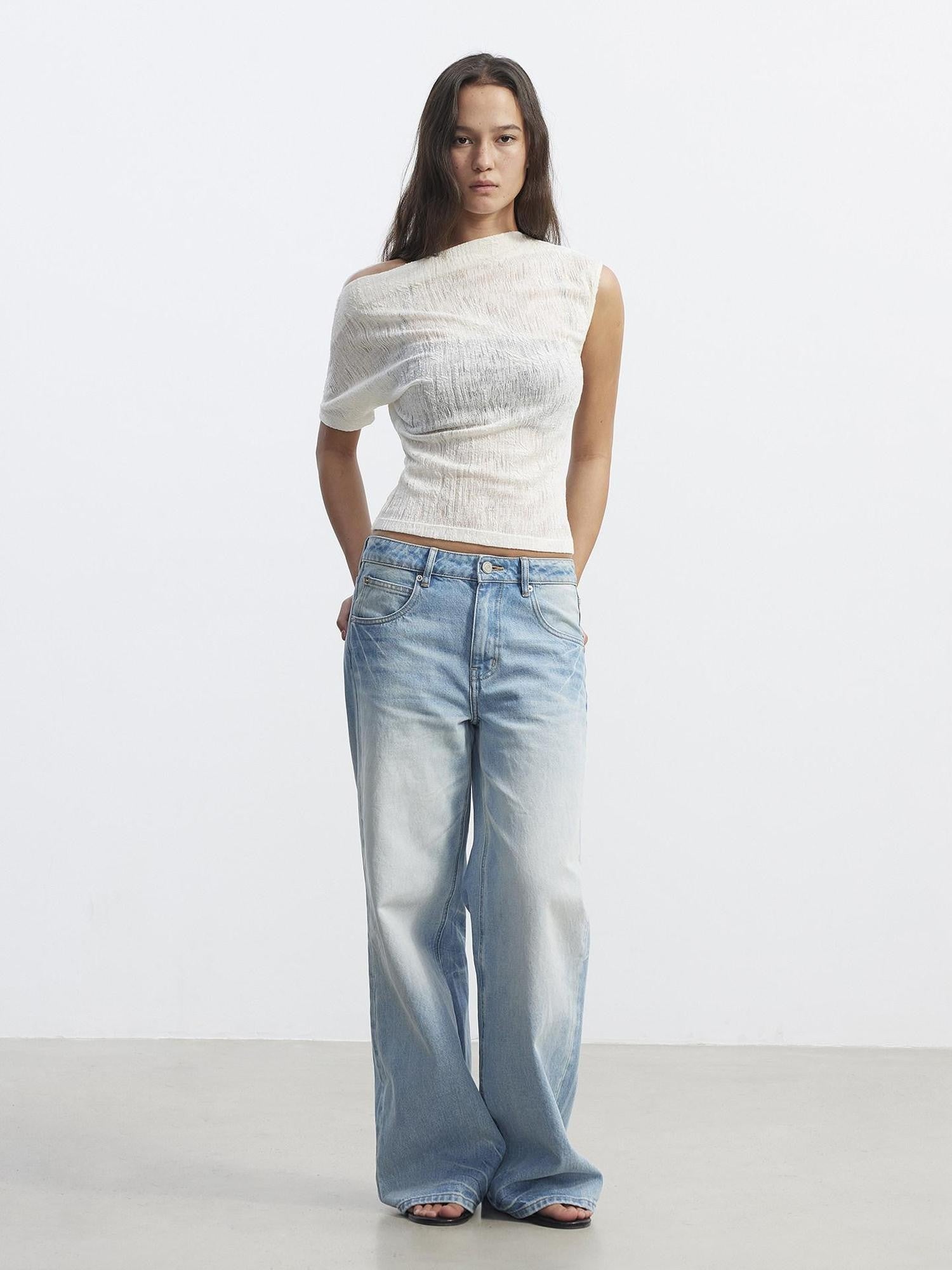 AFTADAWN Textured Sheer Asymmetrical One Shoulder Women&