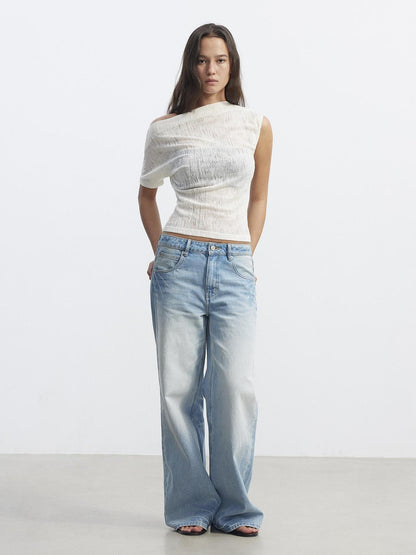 AFTADAWN Textured Sheer Asymmetrical One Shoulder Women&