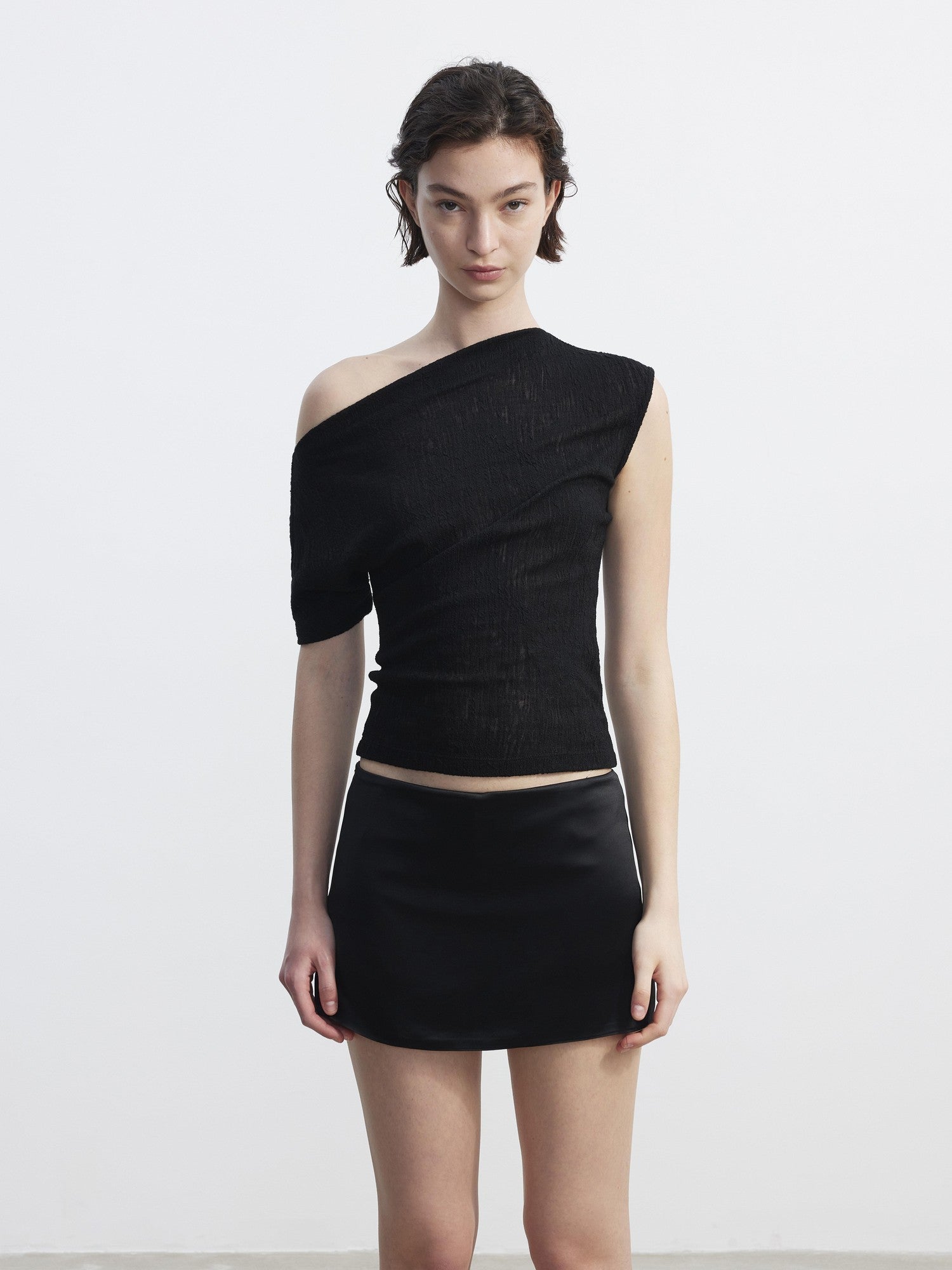 AFTADAWN Textured Sheer Asymmetrical One Shoulder Women&