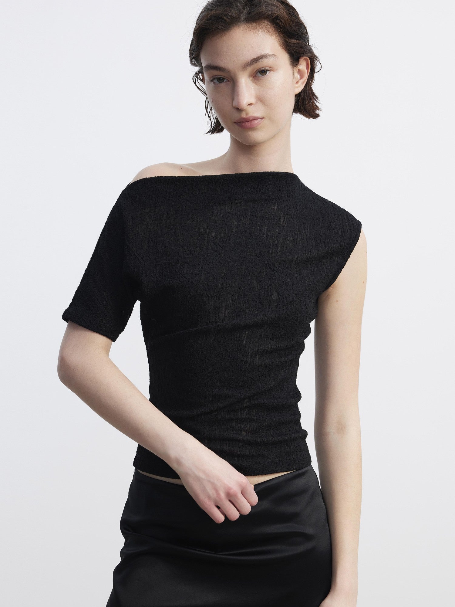 AFTADAWN Textured Sheer Asymmetrical One Shoulder Women&