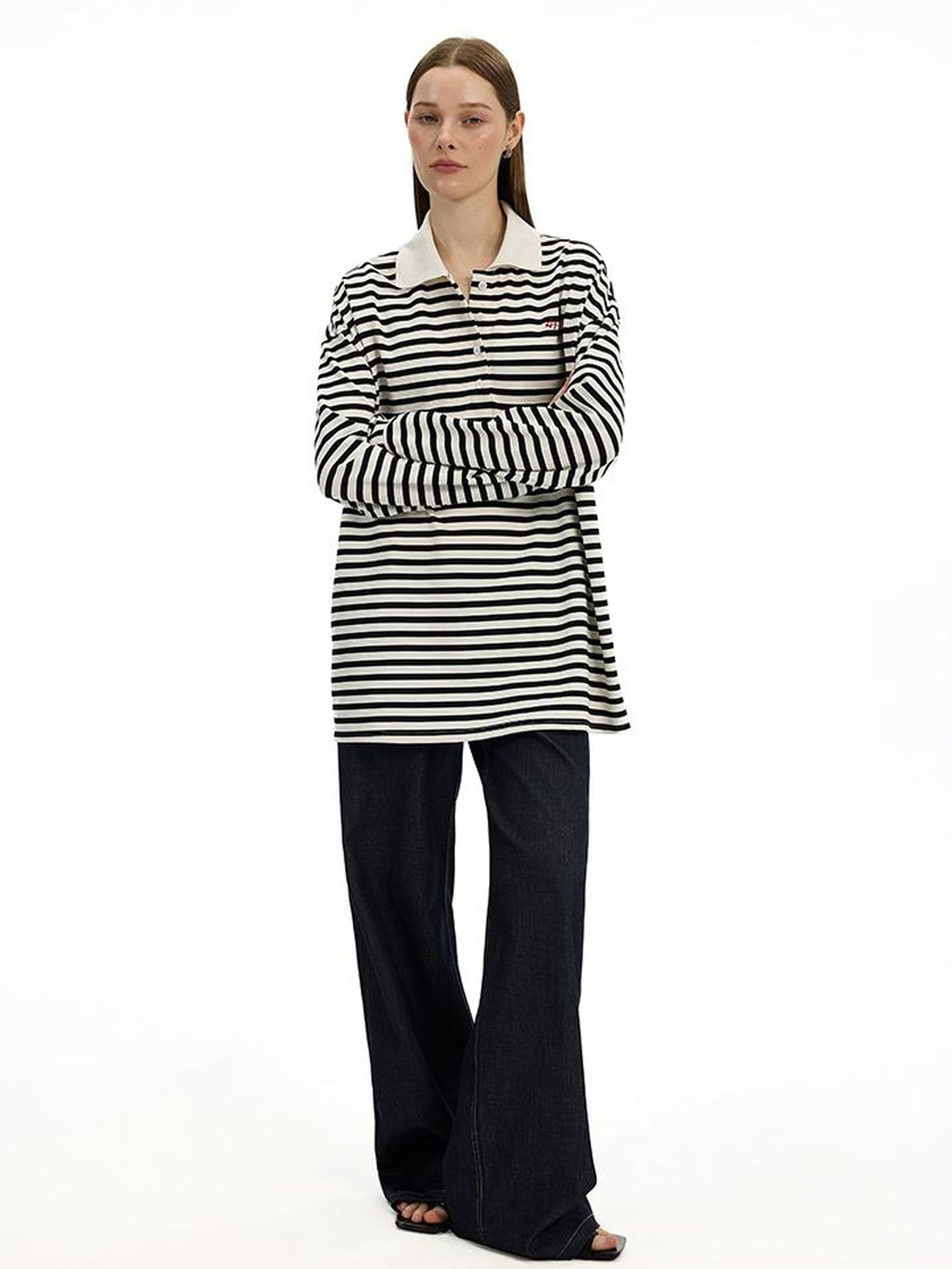 AFTADAWN Textured Stripe Notch Neck Drop Shoulder Oversized Tee