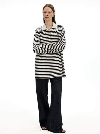 AFTADAWN Textured Stripe Notch Neck Drop Shoulder Oversized Tee