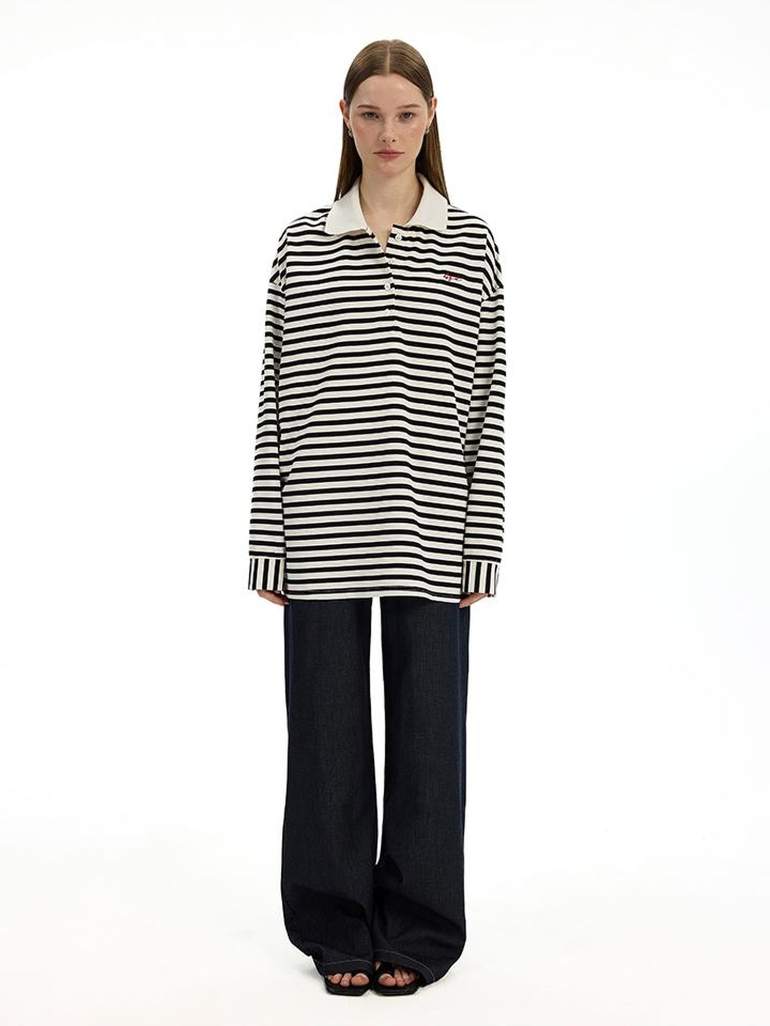 AFTADAWN Textured Stripe Notch Neck Drop Shoulder Oversized Tee