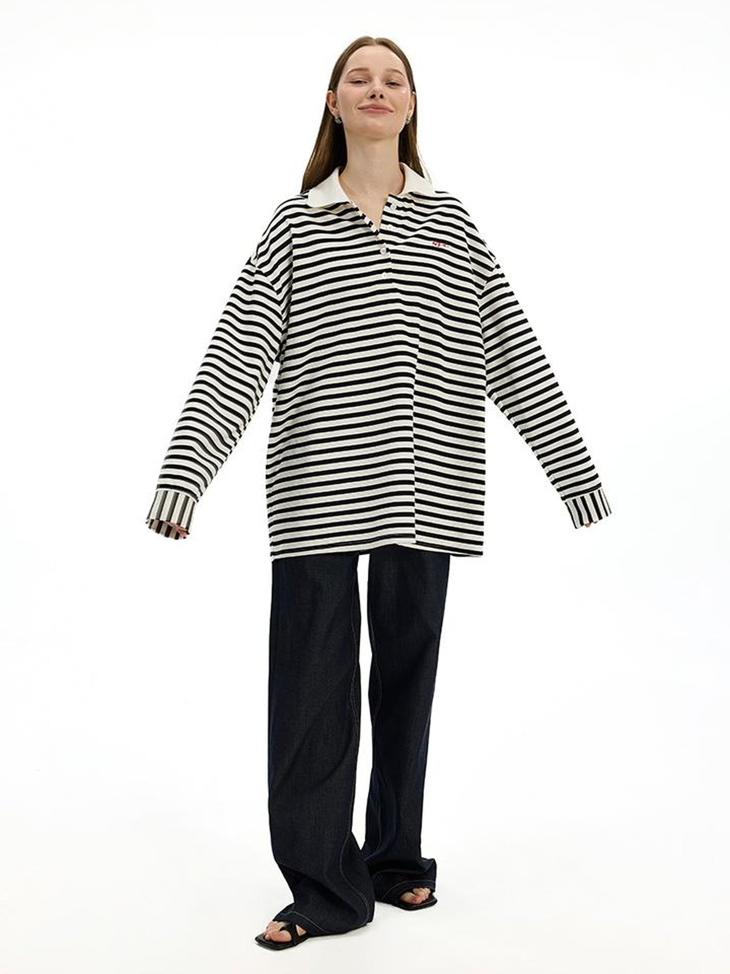 AFTADAWN Textured Stripe Notch Neck Drop Shoulder Oversized Tee