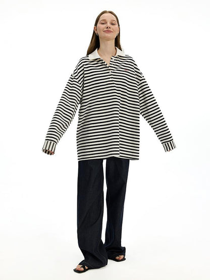 AFTADAWN Textured Stripe Notch Neck Drop Shoulder Oversized Tee