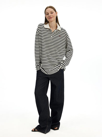 AFTADAWN Textured Stripe Notch Neck Drop Shoulder Oversized Tee