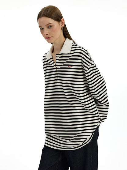 AFTADAWN Textured Stripe Notch Neck Drop Shoulder Oversized Tee