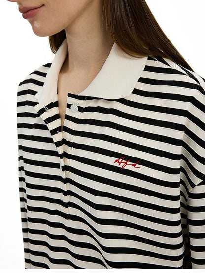AFTADAWN Textured Stripe Notch Neck Drop Shoulder Oversized Tee