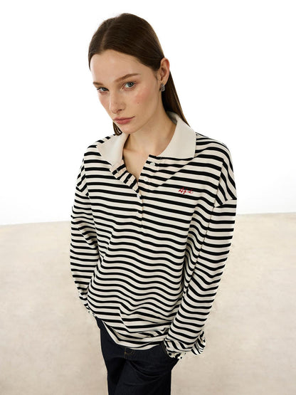 AFTADAWN Textured Stripe Notch Neck Drop Shoulder Oversized Tee
