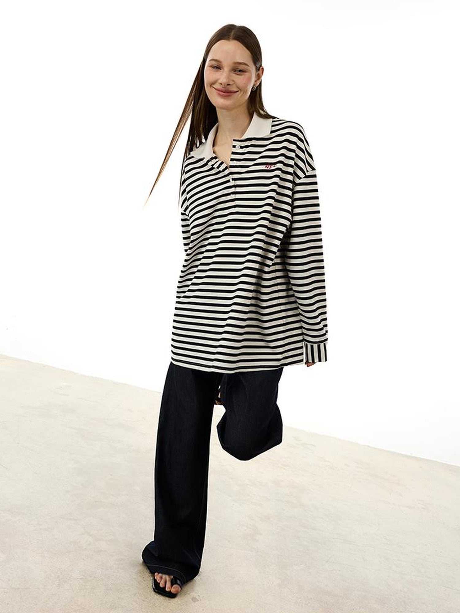 AFTADAWN Textured Stripe Notch Neck Drop Shoulder Oversized Tee