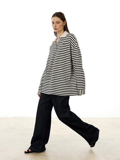 AFTADAWN Textured Stripe Notch Neck Drop Shoulder Oversized Tee