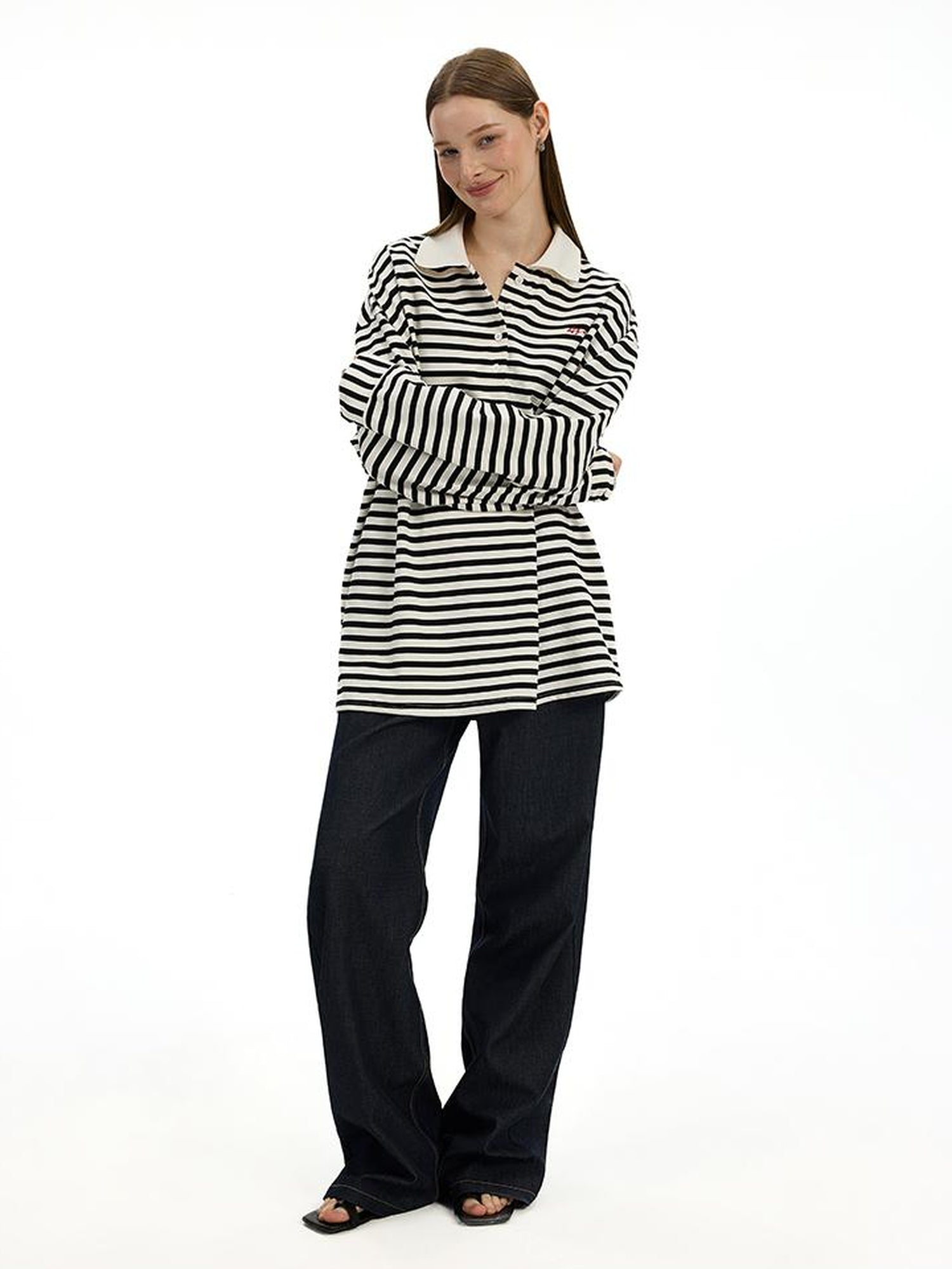 AFTADAWN Textured Stripe Notch Neck Drop Shoulder Oversized Tee