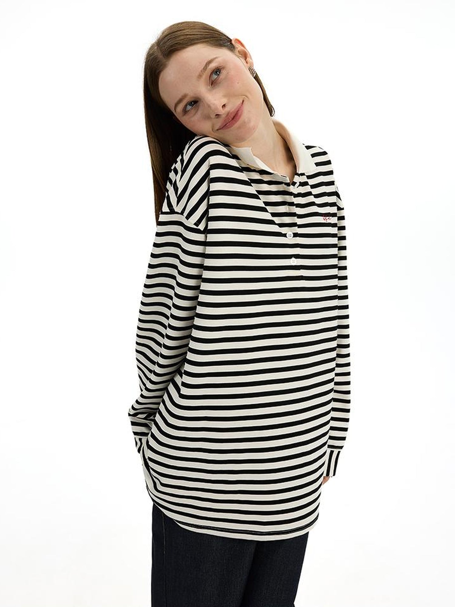 AFTADAWN Textured Stripe Notch Neck Drop Shoulder Oversized Tee