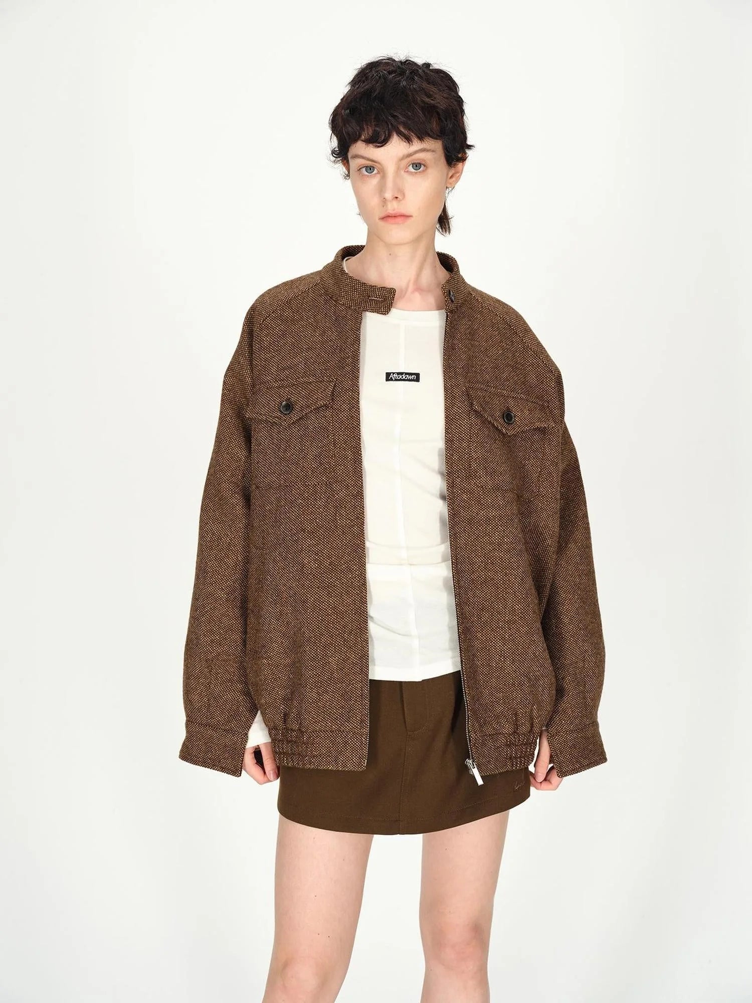 Textured Tweed Stand Collar Zip Jacket Warm Wool Coat