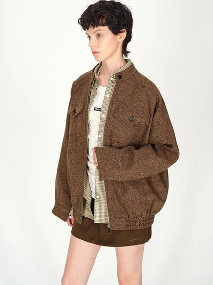 Textured Tweed Stand Collar Zip Jacket Warm Wool Coat