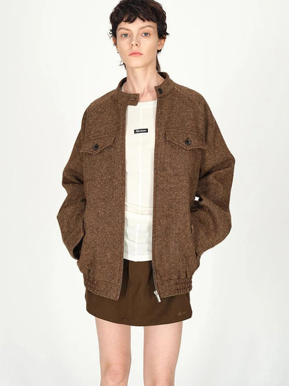Textured Tweed Stand Collar Zip Jacket Warm Wool Coat