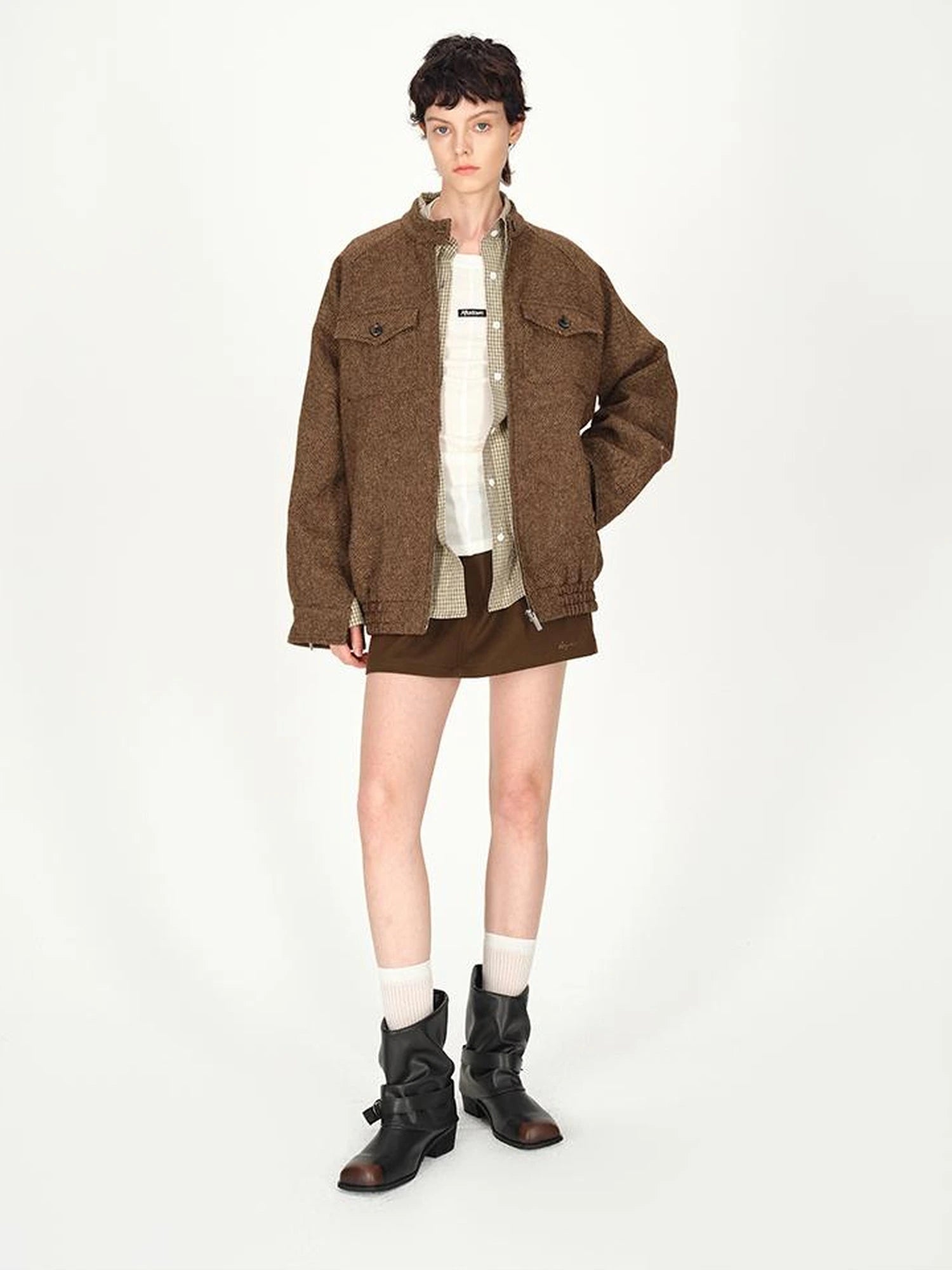 Textured Tweed Stand Collar Zip Jacket Warm Wool Coat