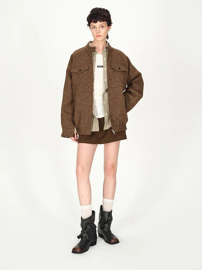 Textured Tweed Stand Collar Zip Jacket Warm Wool Coat