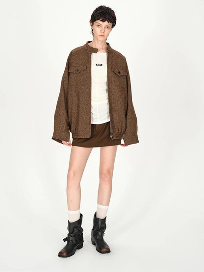 Textured Tweed Stand Collar Zip Jacket Warm Wool Coat