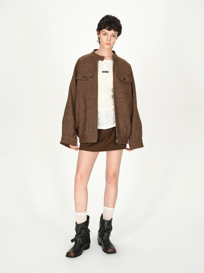 AFTADAWN Textured Tweed Stand Collar Zip Jacket Warm Wool Coat