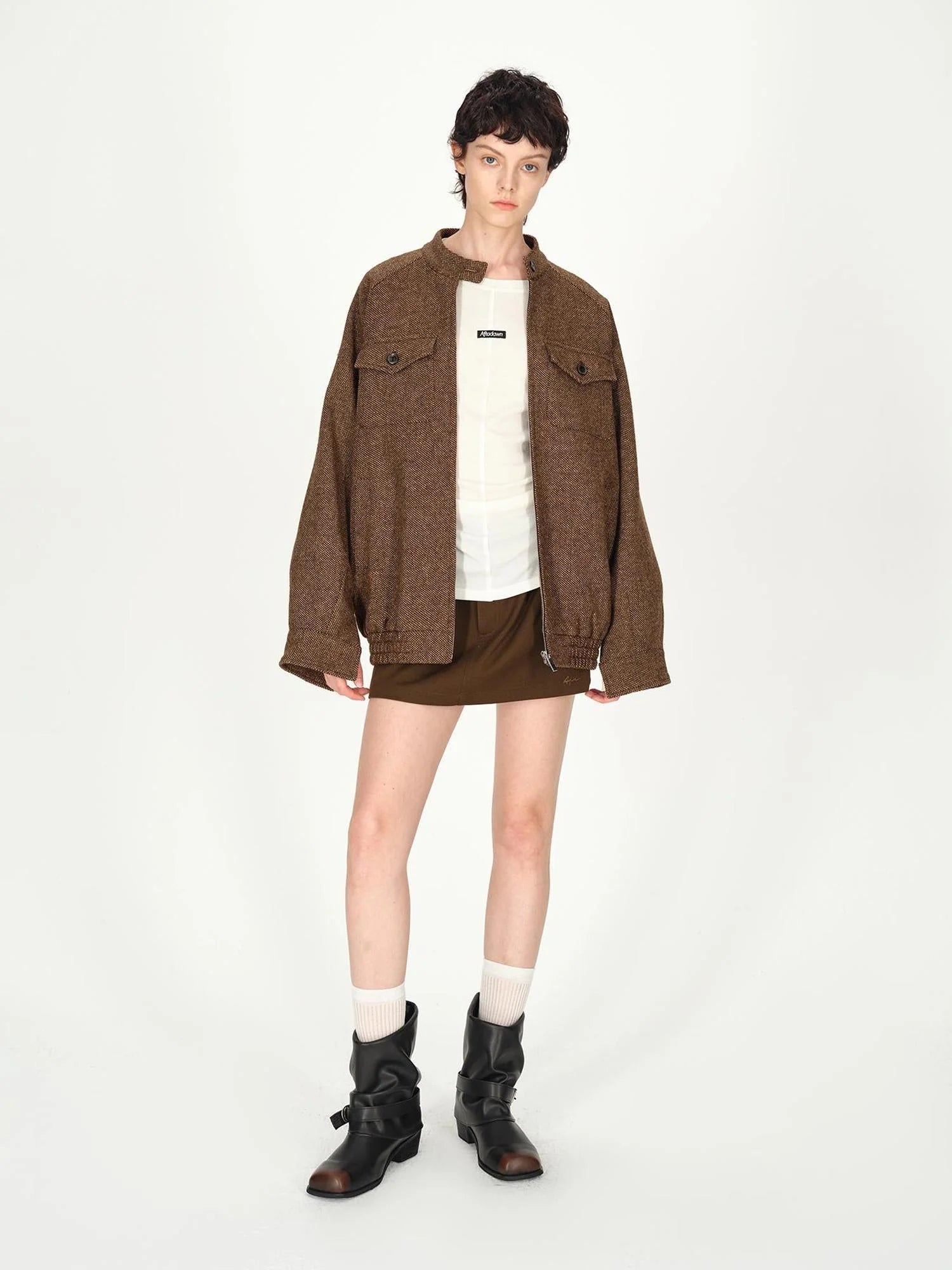 Textured Tweed Stand Collar Zip Jacket Warm Wool Coat