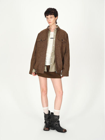 AFTADAWN Textured Tweed Stand Collar Zip Jacket Warm Wool Coat