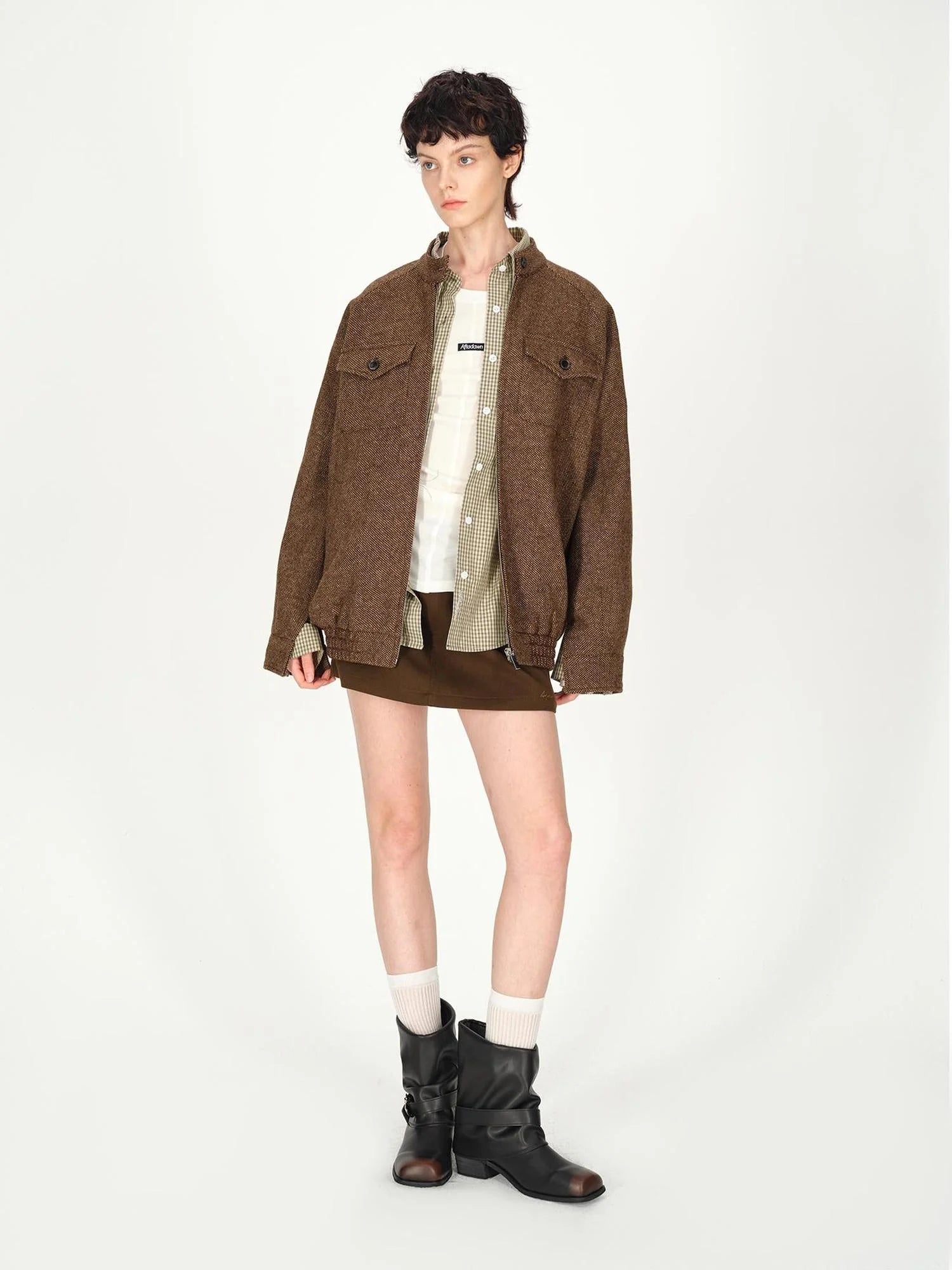 Textured Tweed Stand Collar Zip Jacket Warm Wool Coat