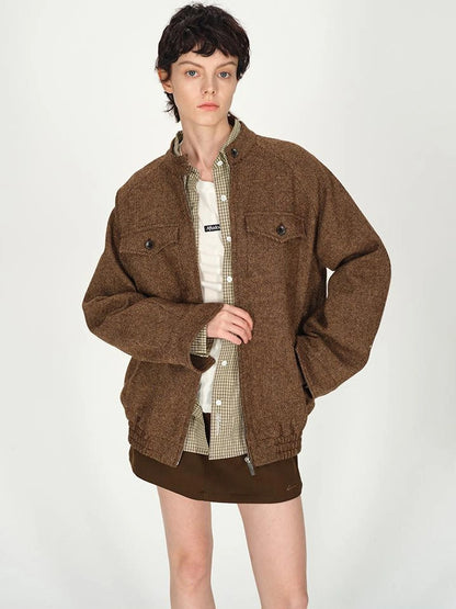 Textured Tweed Stand Collar Zip Jacket Warm Wool Coat