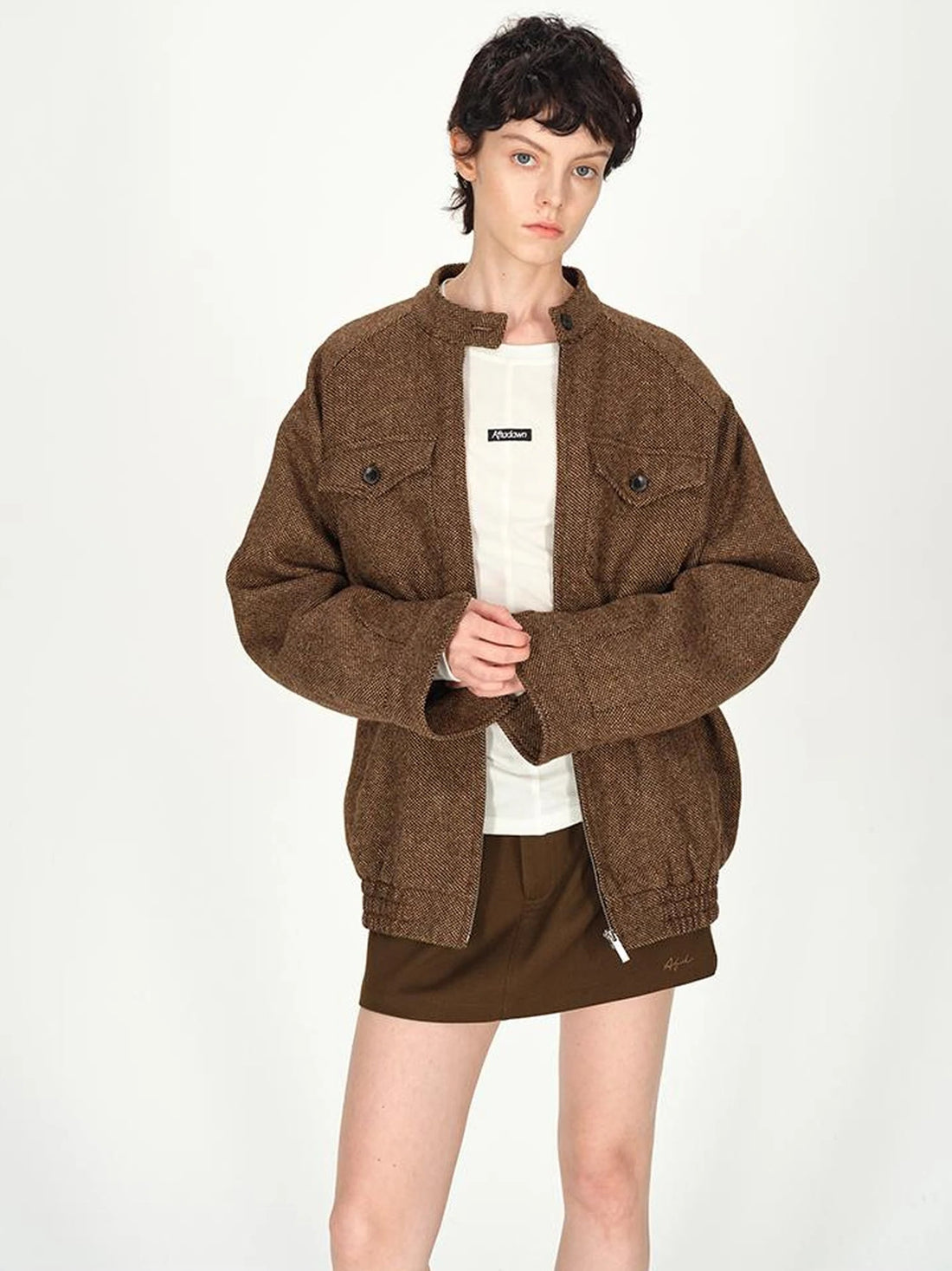 Textured Tweed Stand Collar Zip Jacket Warm Wool Coat