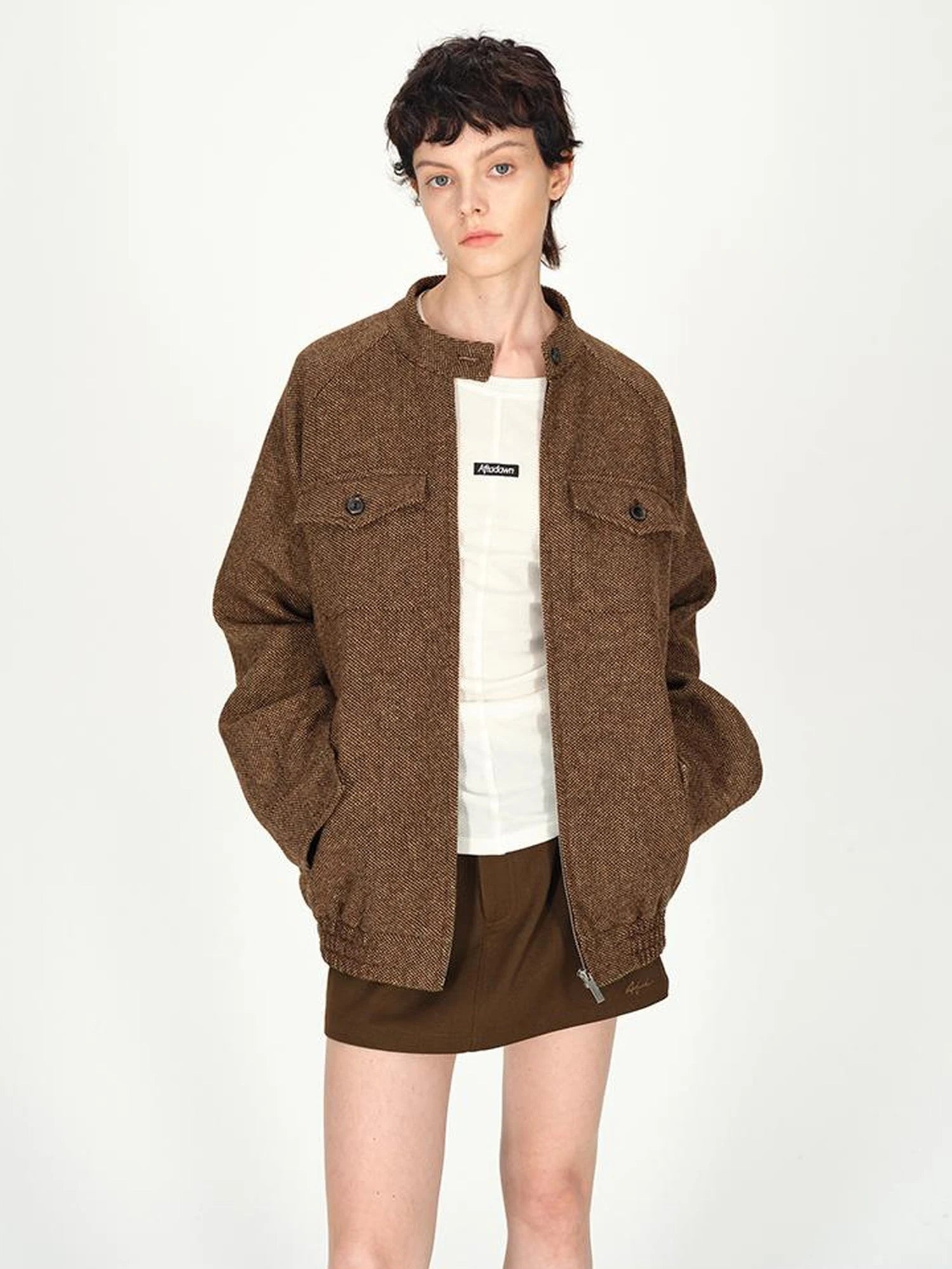 Textured Tweed Stand Collar Zip Jacket Warm Wool Coat
