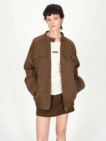 Textured Tweed Stand Collar Zip Jacket Warm Wool Coat