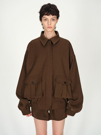 AFTADAWN Textured Twill Notched Lapel Zip Up Jacket A Line Skirt Set