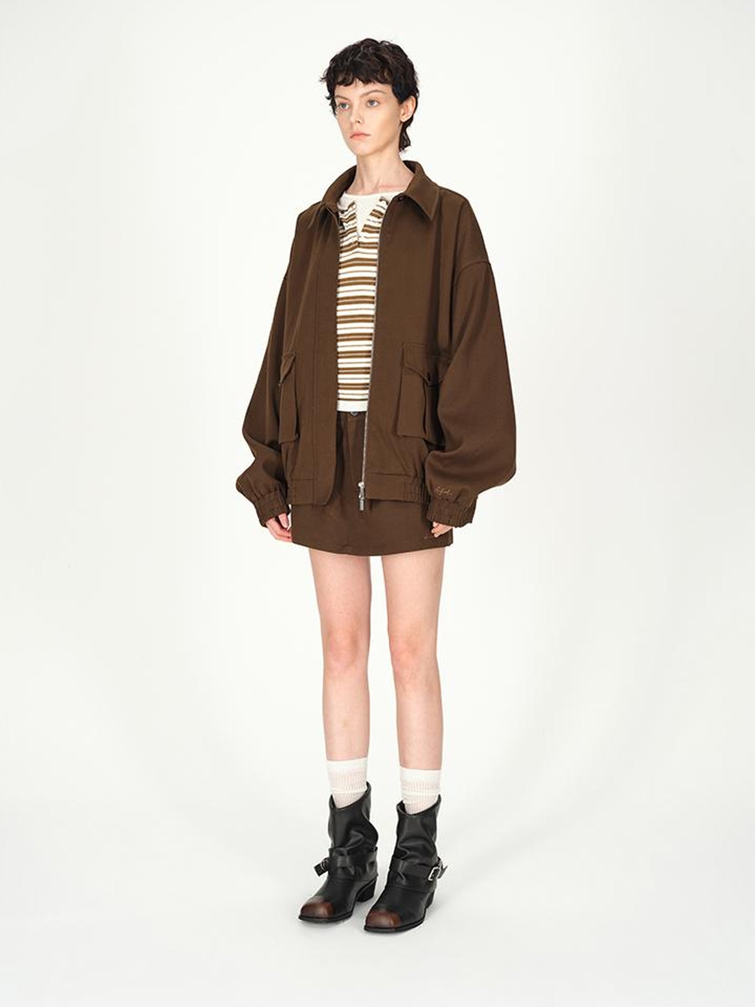 AFTADAWN Textured Twill Notched Lapel Zip Up Jacket A Line Skirt Set
