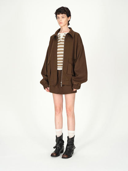AFTADAWN Textured Twill Notched Lapel Zip Up Jacket A Line Skirt Set