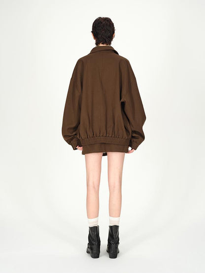 AFTADAWN Textured Twill Notched Lapel Zip Up Jacket A Line Skirt Set