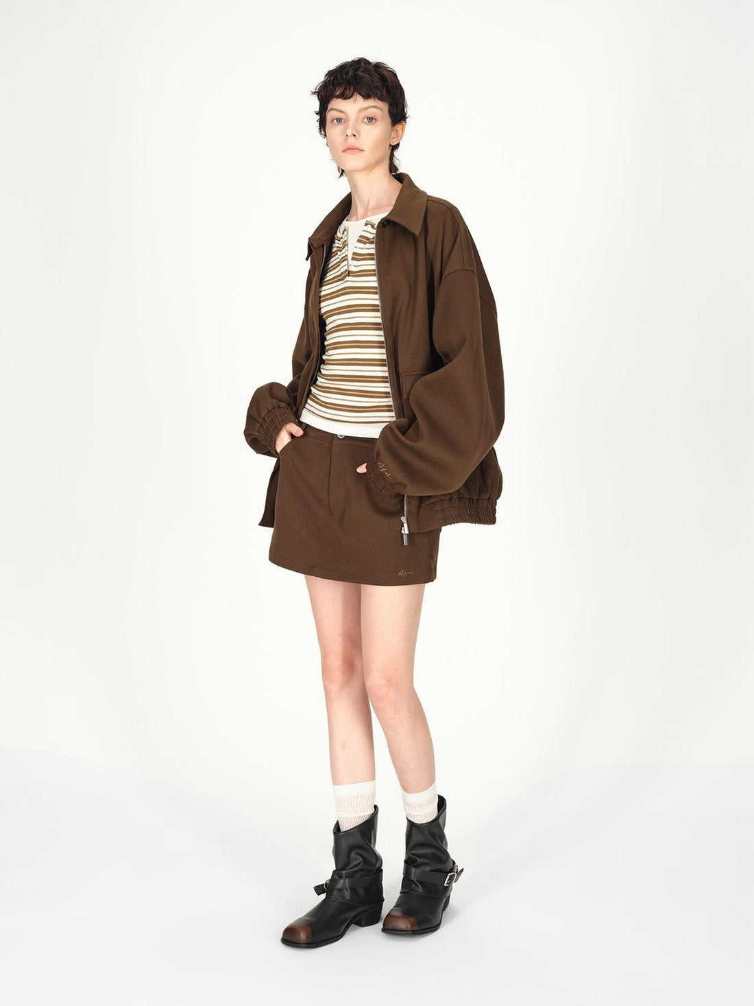 AFTADAWN Textured Twill Notched Lapel Zip Up Jacket A Line Skirt Set