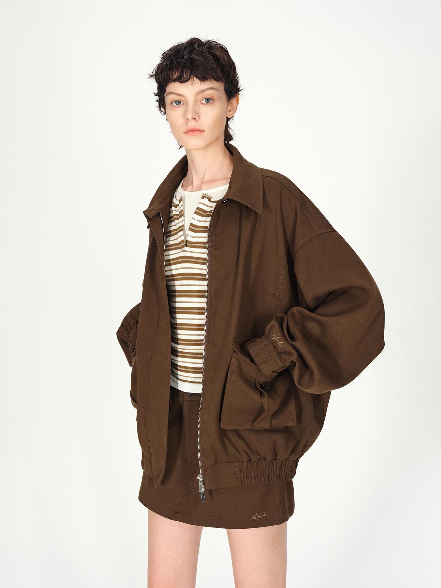 AFTADAWN Textured Twill Notched Lapel Zip Up Jacket A Line Skirt Set
