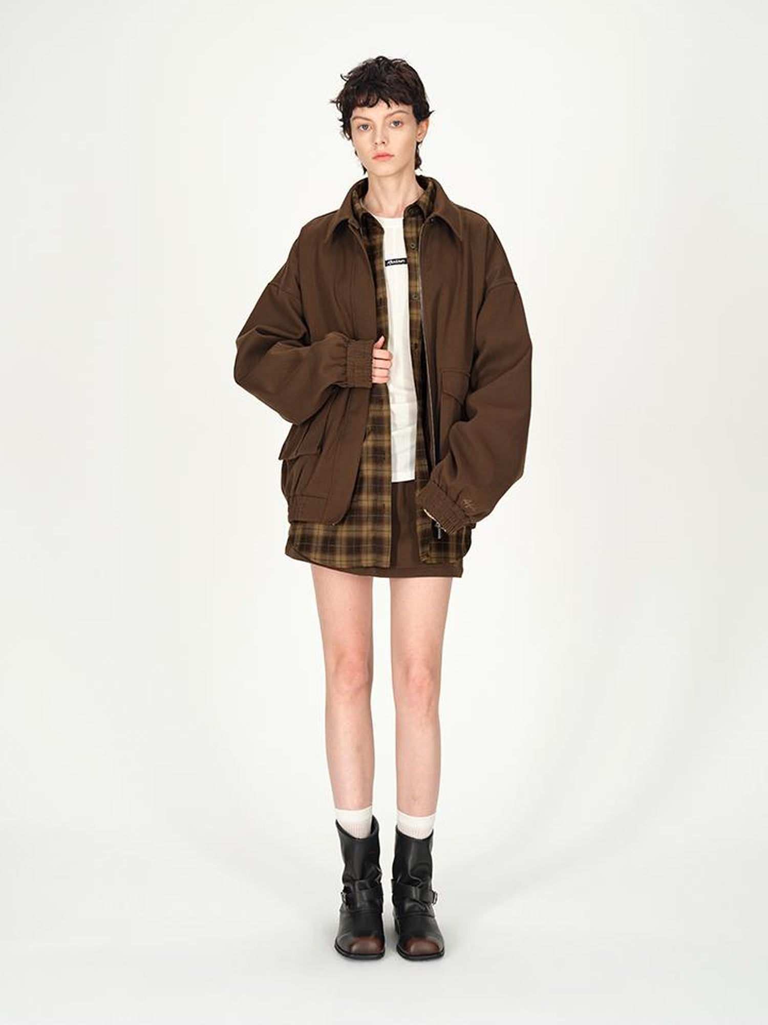 AFTADAWN Textured Twill Notched Lapel Zip Up Jacket A Line Skirt Set
