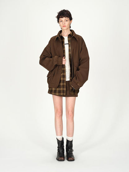AFTADAWN Textured Twill Notched Lapel Zip Up Jacket A Line Skirt Set