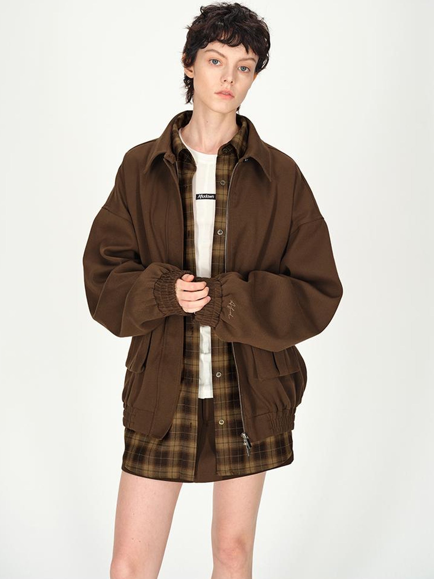 AFTADAWN Textured Twill Notched Lapel Zip Up Jacket A Line Skirt Set