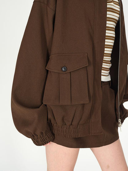 AFTADAWN Textured Twill Notched Lapel Zip Up Jacket A Line Skirt Set