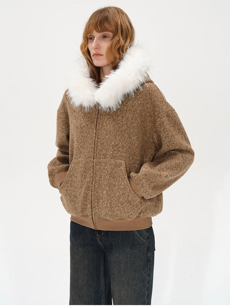AFTADAWN Textured Woven Detachable Fur Collar Zipper Women&