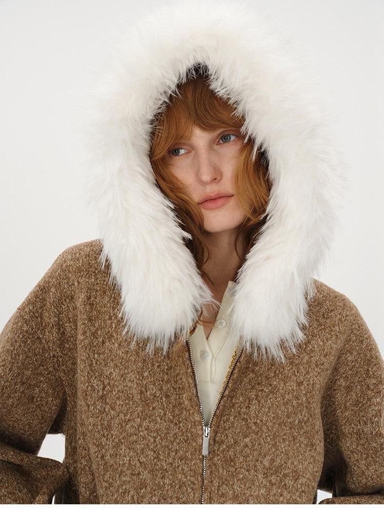 AFTADAWN Textured Woven Detachable Fur Collar Zipper Women&