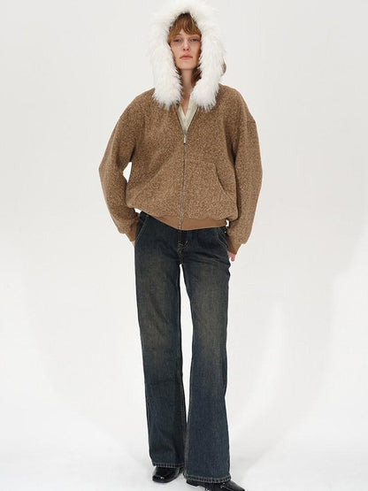 AFTADAWN Textured Woven Detachable Fur Collar Zipper Women&