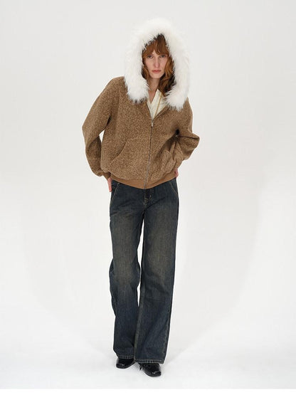 AFTADAWN Textured Woven Detachable Fur Collar Zipper Women&