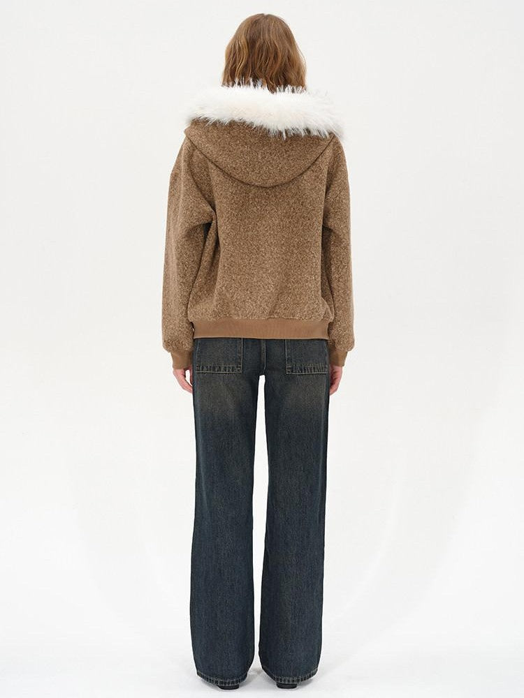 AFTADAWN Textured Woven Detachable Fur Collar Zipper Women&