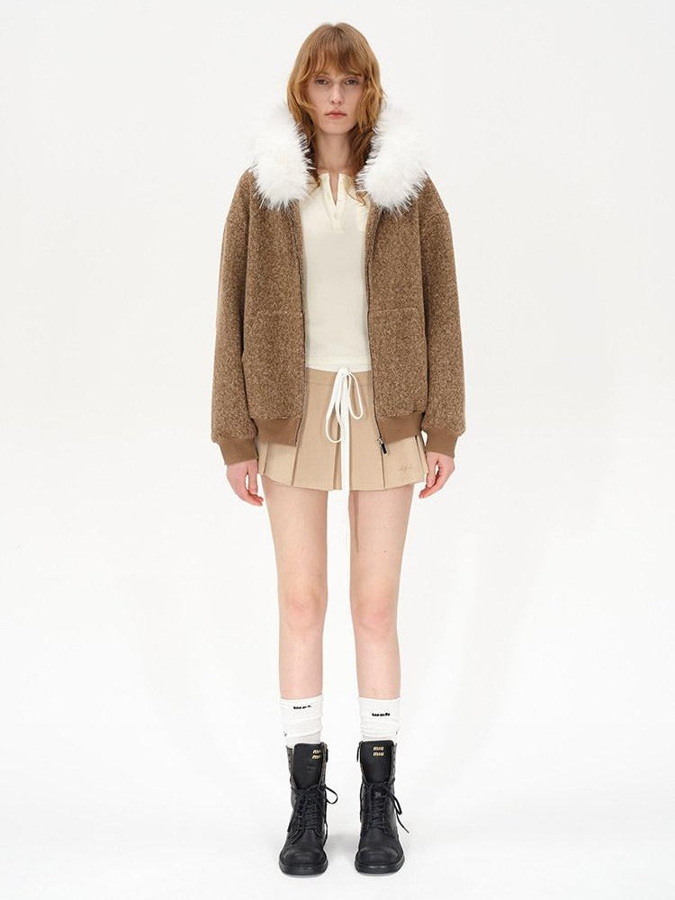 AFTADAWN Textured Woven Detachable Fur Collar Zipper Women&