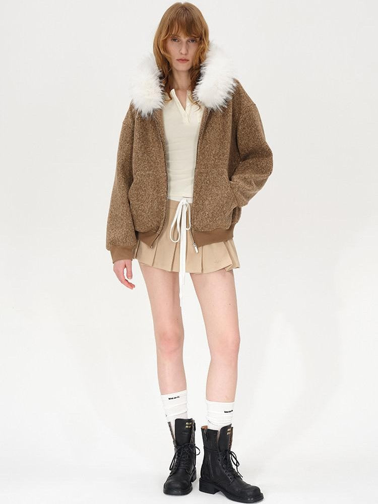 AFTADAWN Textured Woven Detachable Fur Collar Zipper Women&
