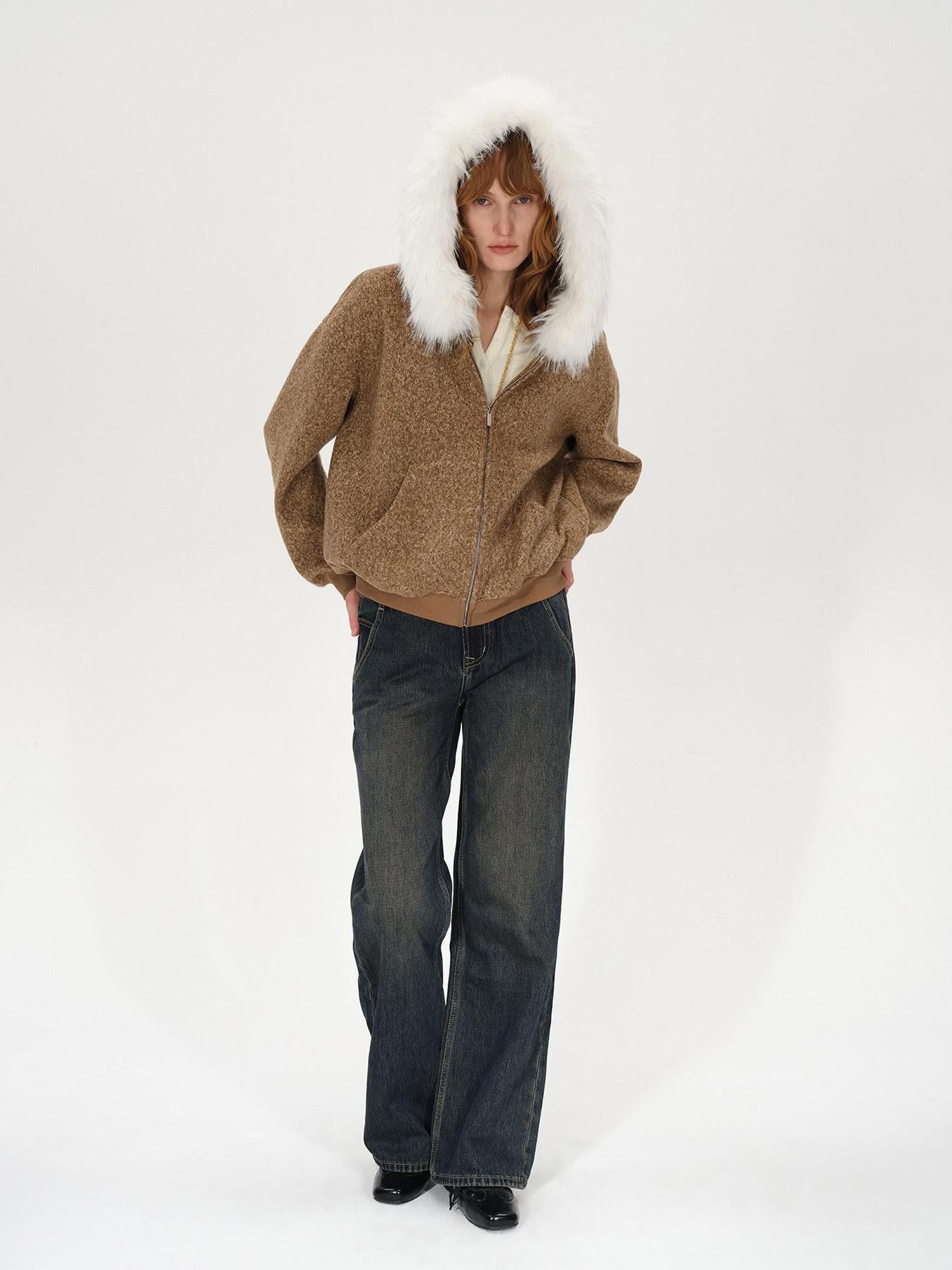 AFTADAWN Textured Woven Detachable Fur Collar Zipper Women&